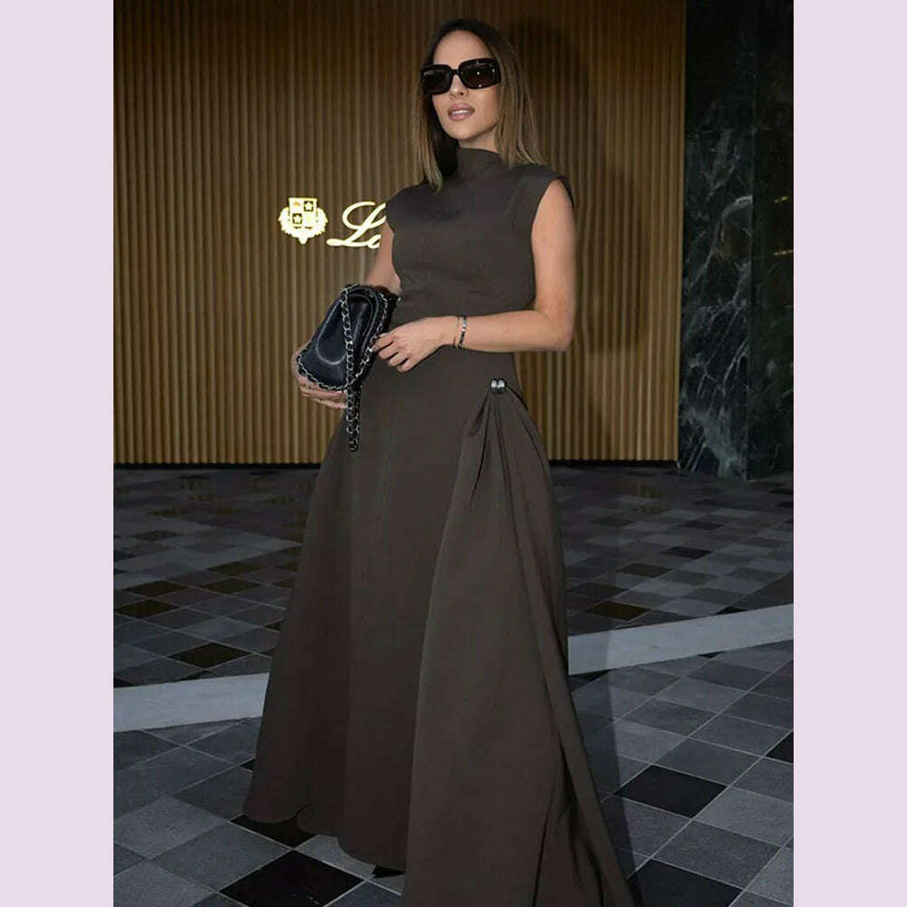 KIMLUD, 2024 Chic Solid Slanted Collar Pleated A-line Maxi Dress Women's Elegant Sleeveless High Waist Slim Dresses Female Evening Robes, KIMLUD Womens Clothes