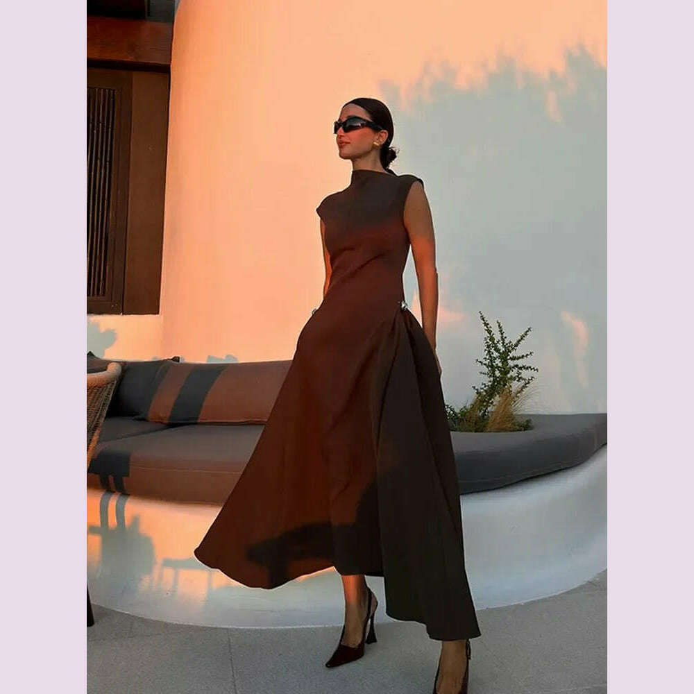 KIMLUD, 2024 Chic Solid Slanted Collar Pleated A-line Maxi Dress Women's Elegant Sleeveless High Waist Slim Dresses Female Evening Robes, Brown / M, KIMLUD APPAREL - Womens Clothes