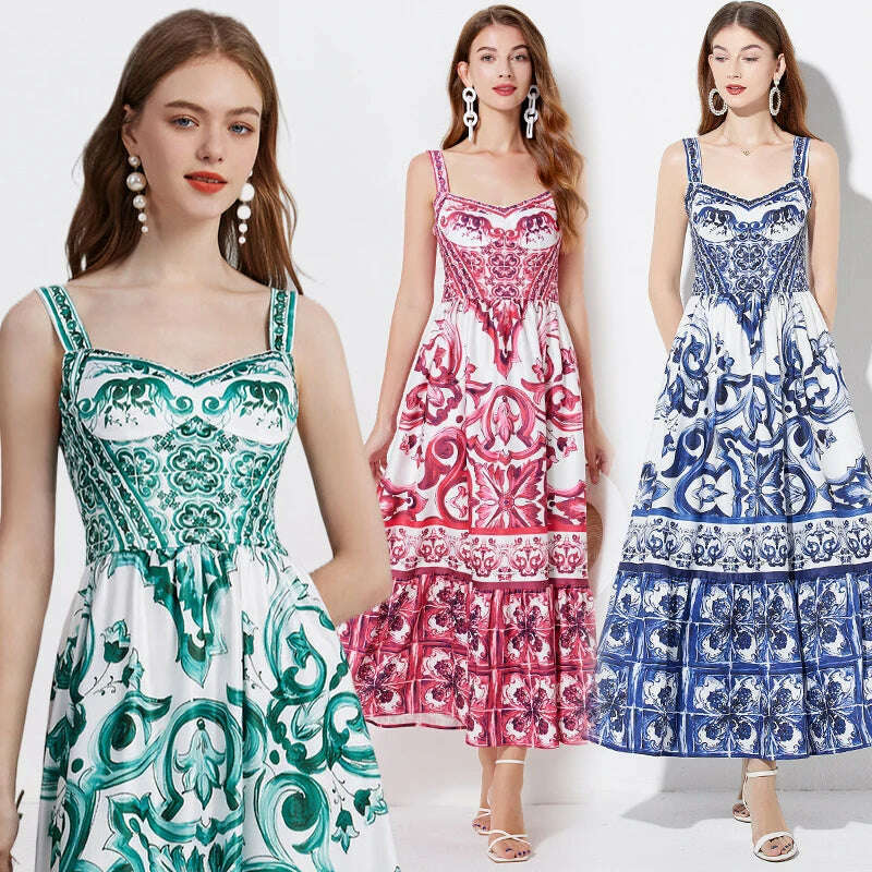 2024 Elegant Flower Print Suspender Dress Women Fashion Off Shoulder  Backless Midi Dresses Chic Female Party Club Vestidos