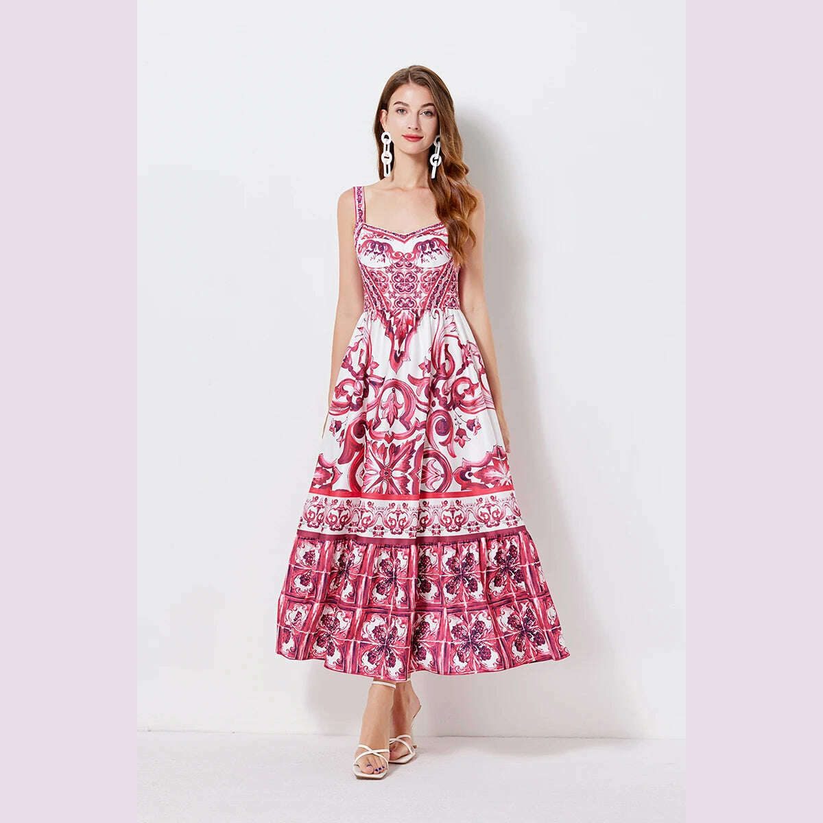 2024 Elegant Flower Print Suspender Dress Women Fashion Off Shoulder Backless Midi Dresses Chic Female Party Club Vestidos - KIMLUD