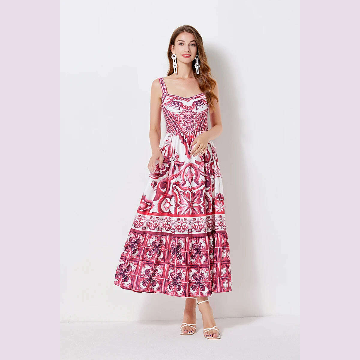 2024 Elegant Flower Print Suspender Dress Women Fashion Off Shoulder Backless Midi Dresses Chic Female Party Club Vestidos - KIMLUD