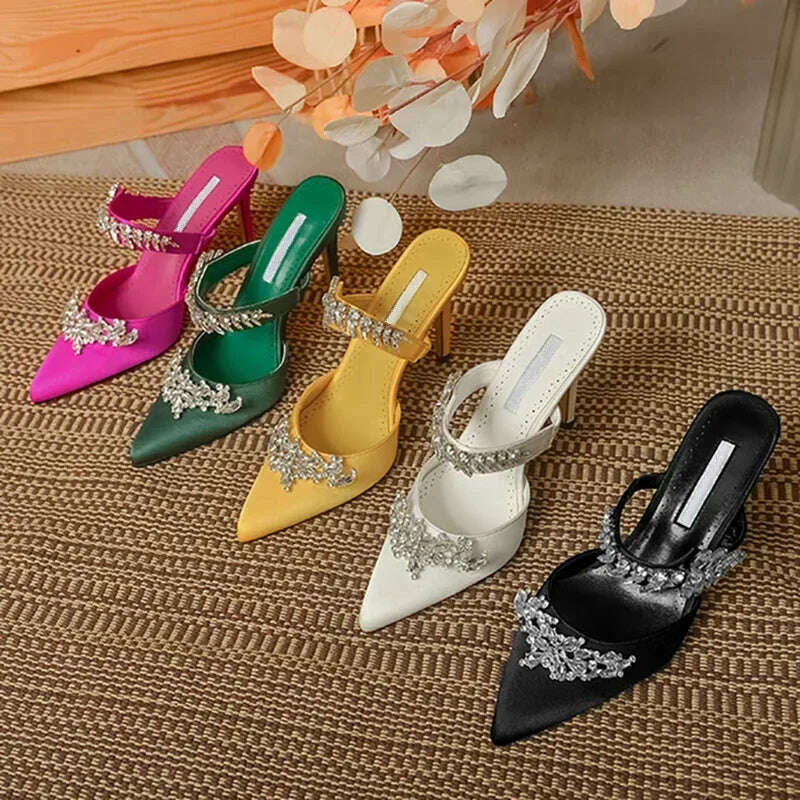 KIMLUD, 2024 European and American Women's New High Heels Shallow Mouth Pointed Satin Wheat Rhinestone Stiletto Heel Fashion Half Slippe, KIMLUD Womens Clothes