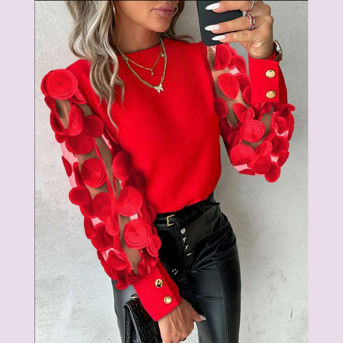 2024 Fashion V-neck Long Sleeve Lace Women Blouse Autumn Hollow Out Elegant Tops Office Lady Vintage Shirt Blouses Women Blouse - KIMLUD