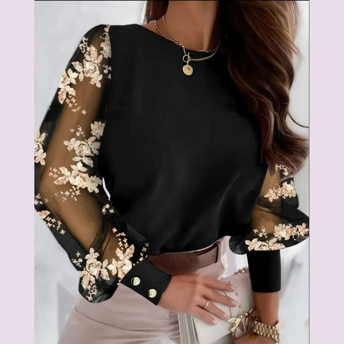 2024 Fashion V-neck Long Sleeve Lace Women Blouse Autumn Hollow Out Elegant Tops Office Lady Vintage Shirt Blouses Women Blouse - KIMLUD