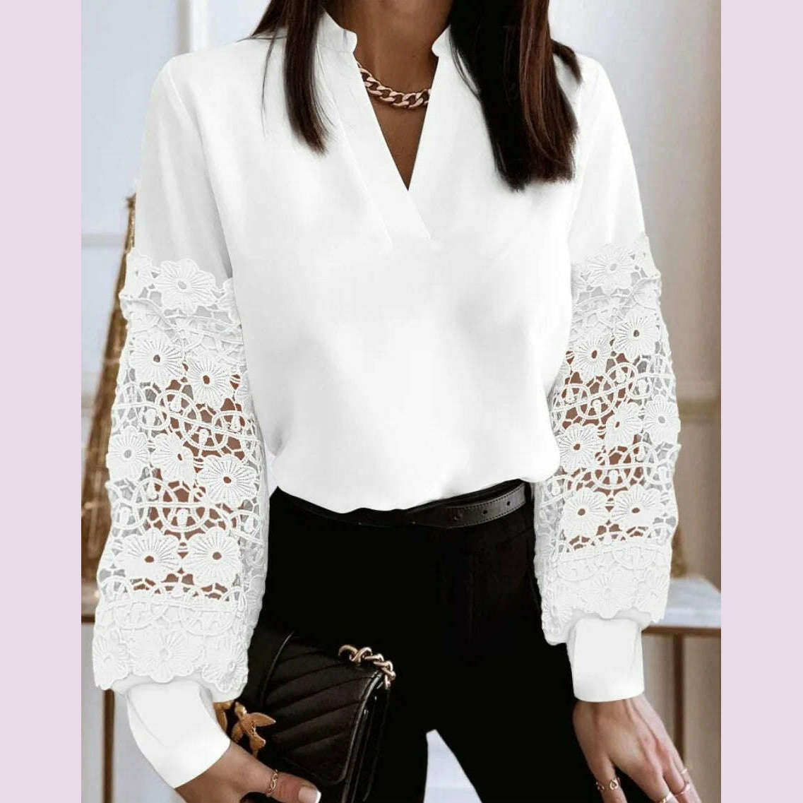 2024 Fashion V-neck Long Sleeve Lace Women Blouse Autumn Hollow Out Elegant Tops Office Lady Vintage Shirt Blouses Women Blouse - KIMLUD