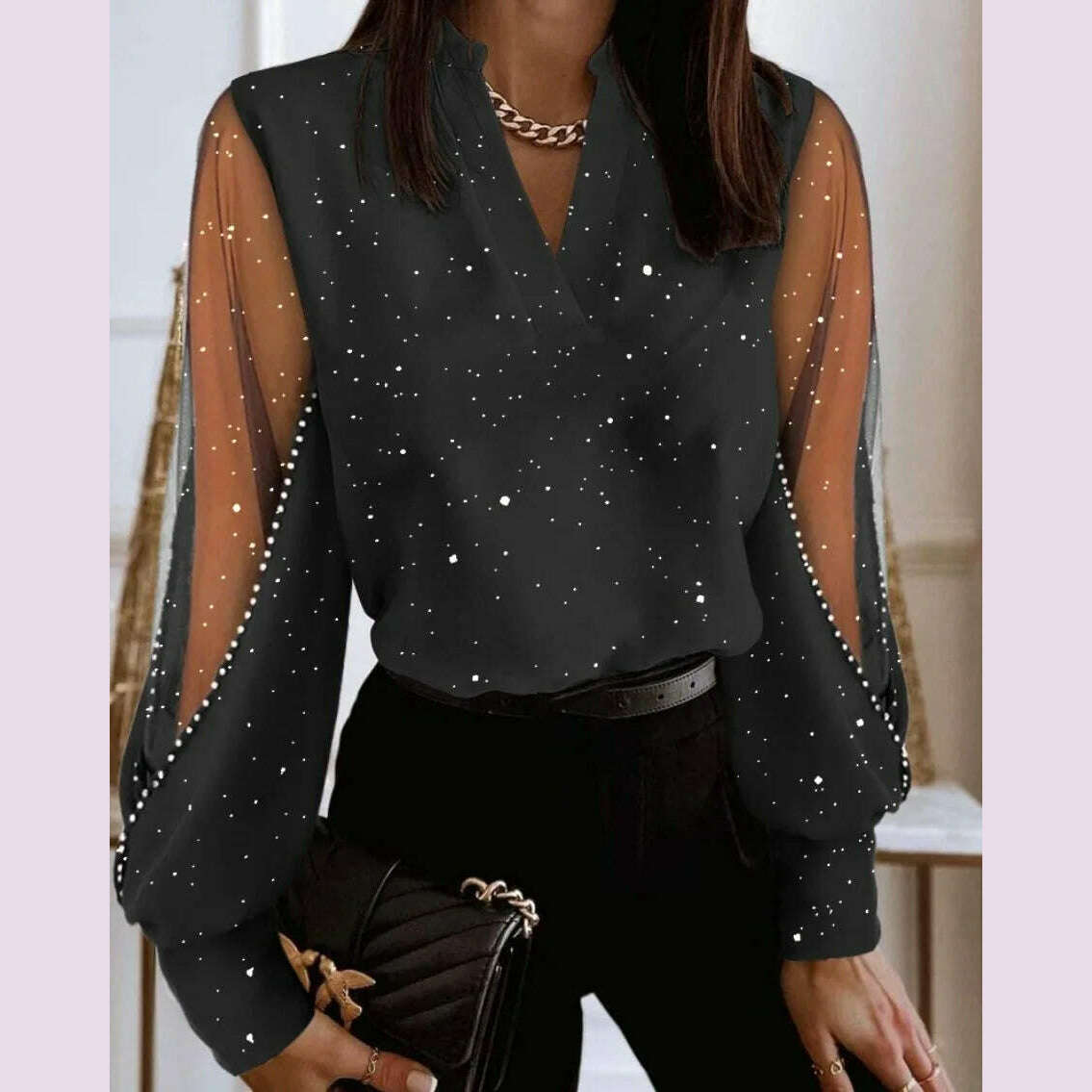 2024 Fashion V-neck Long Sleeve Lace Women Blouse Autumn Hollow Out Elegant Tops Office Lady Vintage Shirt Blouses Women Blouse - KIMLUD
