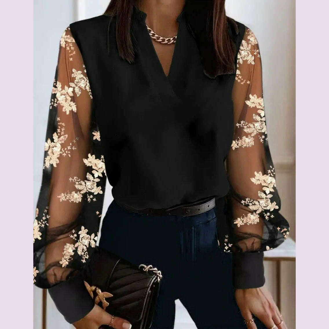 2024 Fashion V-neck Long Sleeve Lace Women Blouse Autumn Hollow Out Elegant Tops Office Lady Vintage Shirt Blouses Women Blouse - KIMLUD