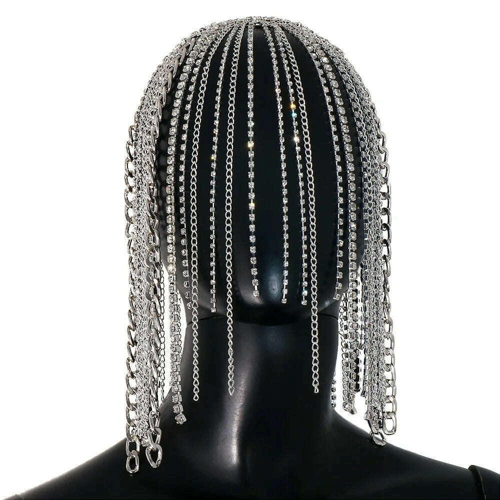 2024 Hip Hop Rhinestone Wig Head Chain Women Men Cuban Link Tassel Headband Chain Headpiece Dance Hair Accessories Party Gift - KIMLUD
