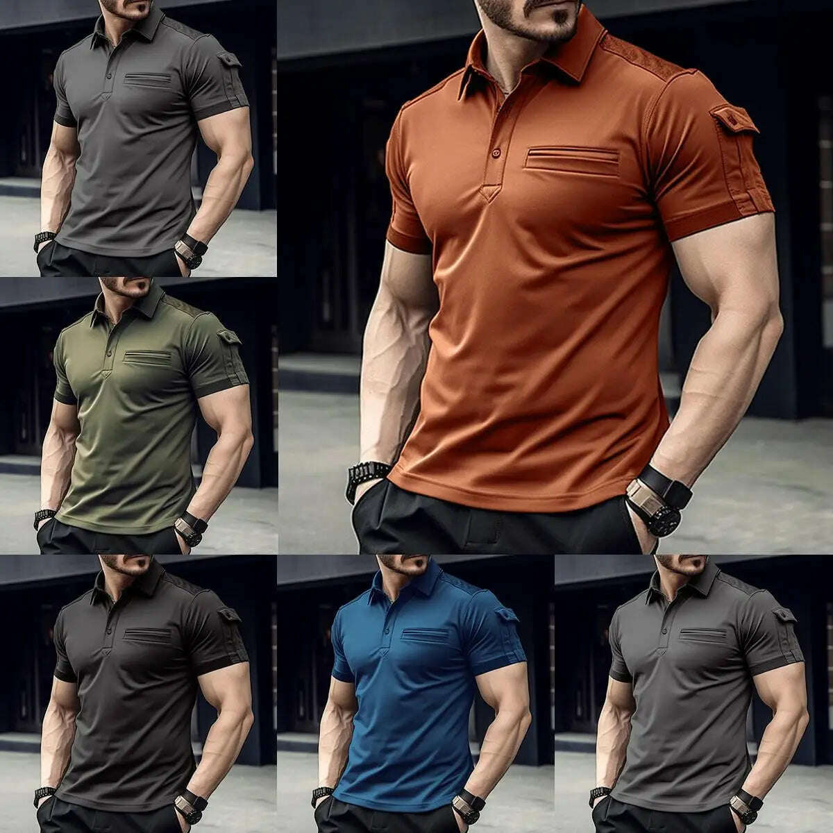 2024 Hot Sale Casual Men Summer Solid T-Shirt Lapel Button Short Sleeve Polo Shirts Pocket men's street muscle Sports polo shir - KIMLUD