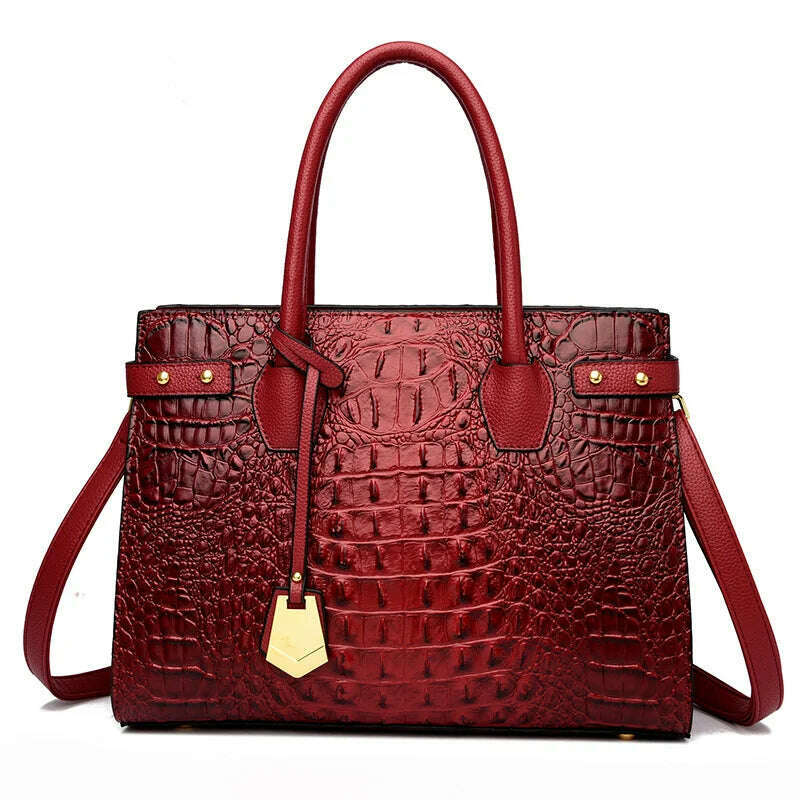 KIMLUD, 2024 Luxury Leather Handbag For Women New Ladies Crocodile Pattern Shoulder Crossbody Bag Large Capacity Shopper Casual Tote Sac, Wine Red, KIMLUD APPAREL - Womens Clothes