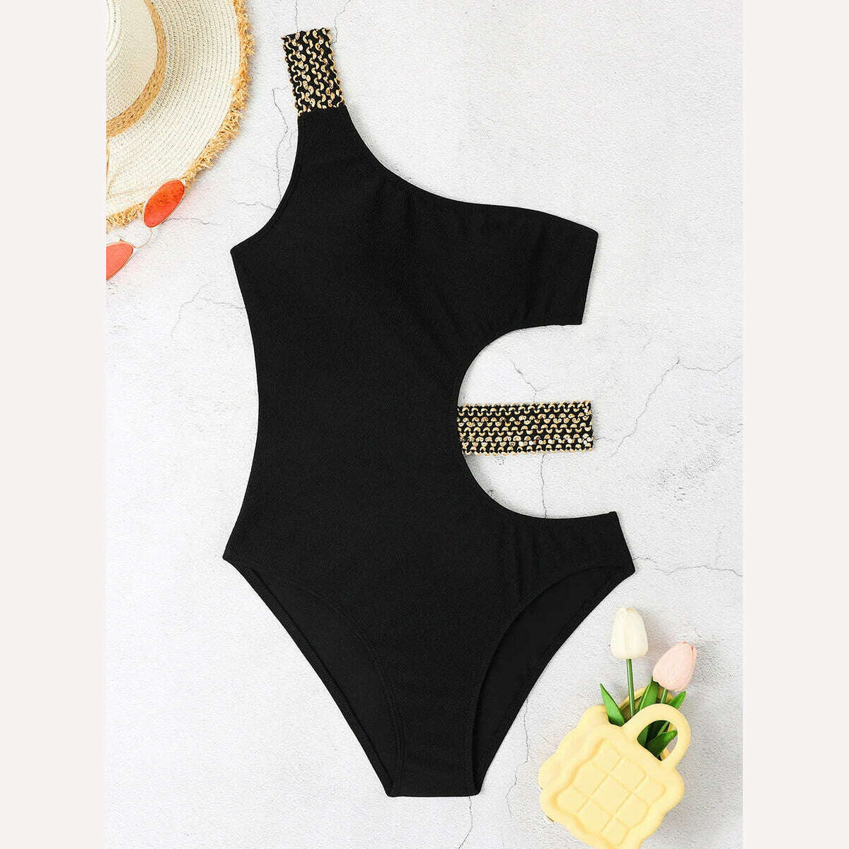2024 Metal Chain Shoulder Swimsuit Women One Piece Hollow Out Swimwear Female Bodysuit Bathing Swimming Suit Bathers Beachwear - KIMLUD