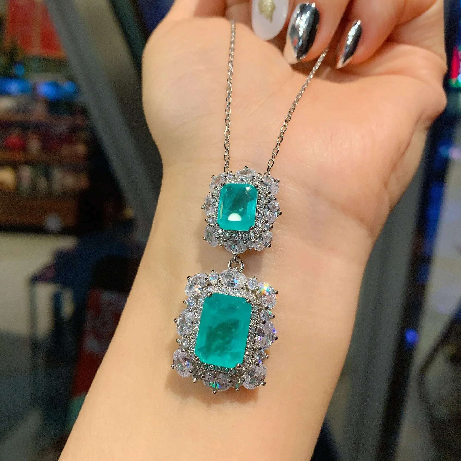 KIMLUD, 2024 New 925 Sterling Silver Paraiba Necklace Pendant Ring Earring Women Luxury wedding anniversary Gift Party Fine Jewelry Set, Necklace, KIMLUD APPAREL - Womens Clothes