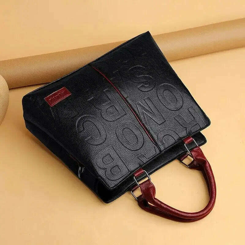 2024 New Fashion Solid Color Shoulder Large Capacity Soft Leather Cloth Letter Embossed Ladies Handbag - KIMLUD