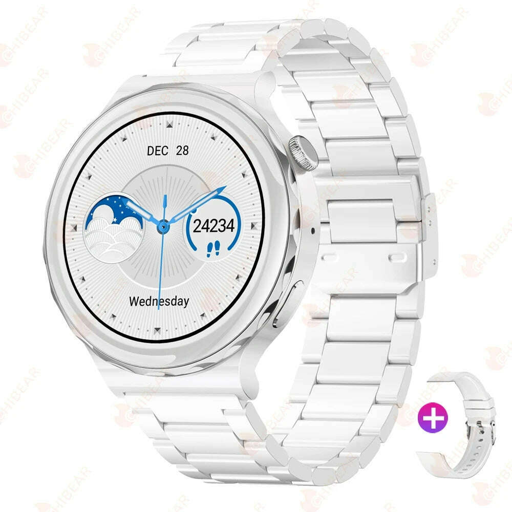 KIMLUD, 2024 New Fashion Women Smart Watch Heart Rate GPS Sport Fitness Watch Waterproof Voice Call AMOLED Smart Watch For Android IOS, White Steel Strips, KIMLUD Womens Clothes