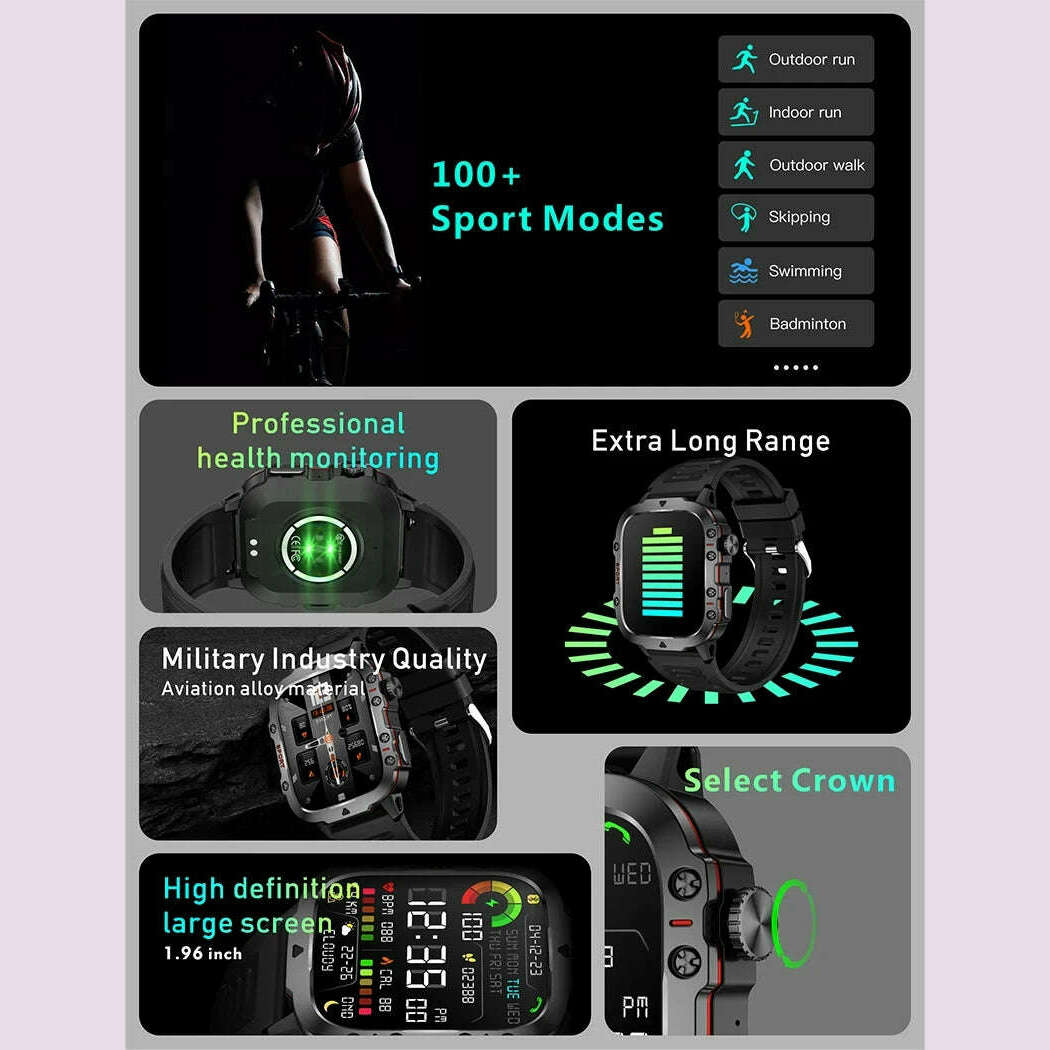 KIMLUD, 2024 New For Xiaomi 1.96" Bluetooth Call Military Smart Watch Men 5ATM Outdoor Sports Fitness Tracker Health Monitor Smartwatch, KIMLUD Womens Clothes
