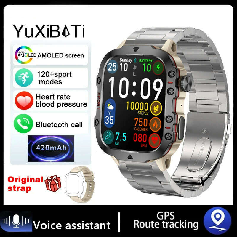 KIMLUD, 2024 New For Xiaomi 1.96" Bluetooth Call Military Smart Watch Men 5ATM Outdoor Sports Fitness Tracker Health Monitor Smartwatch, steel strip silver, KIMLUD APPAREL - Womens Clothes