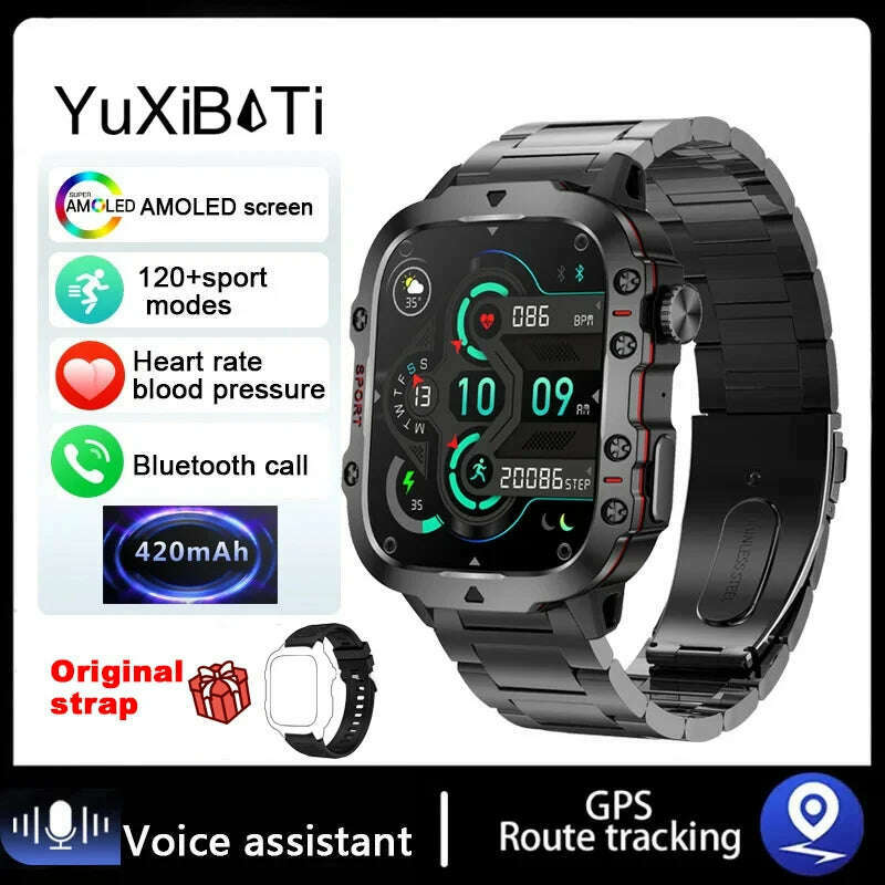 KIMLUD, 2024 New For Xiaomi 1.96" Bluetooth Call Military Smart Watch Men 5ATM Outdoor Sports Fitness Tracker Health Monitor Smartwatch, steel strip black, KIMLUD APPAREL - Womens Clothes