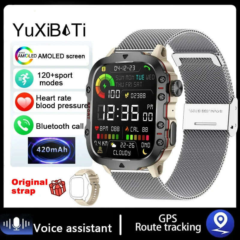KIMLUD, 2024 New For Xiaomi 1.96" Bluetooth Call Military Smart Watch Men 5ATM Outdoor Sports Fitness Tracker Health Monitor Smartwatch, Silver mesh belt, KIMLUD APPAREL - Womens Clothes