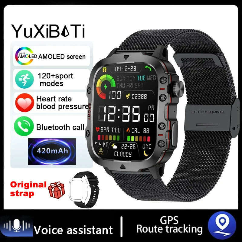 KIMLUD, 2024 New For Xiaomi 1.96" Bluetooth Call Military Smart Watch Men 5ATM Outdoor Sports Fitness Tracker Health Monitor Smartwatch, Black mesh belt, KIMLUD APPAREL - Womens Clothes