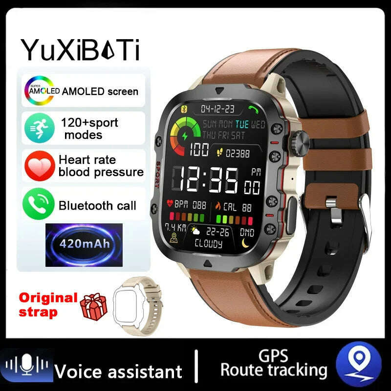 KIMLUD, 2024 New For Xiaomi 1.96" Bluetooth Call Military Smart Watch Men 5ATM Outdoor Sports Fitness Tracker Health Monitor Smartwatch, Belt brown, KIMLUD APPAREL - Womens Clothes