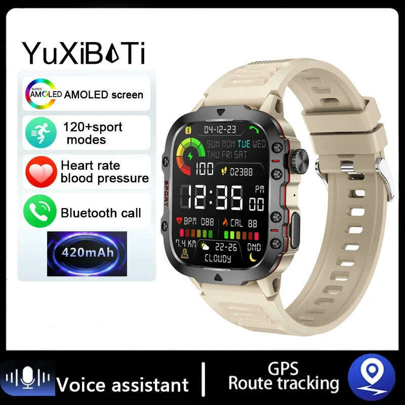 KIMLUD, 2024 New For Xiaomi 1.96" Bluetooth Call Military Smart Watch Men 5ATM Outdoor Sports Fitness Tracker Health Monitor Smartwatch, Silicone Khaki, KIMLUD APPAREL - Womens Clothes