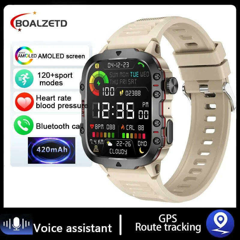 KIMLUD, 2024 New Rugged Military GPS Smart Watch Men AMOLED HD Screen Heart Rate Bluetooth Call Waterproof Outdoor SmartWatch For Xiaomi, Silicone Khaki / Outdoor Sports Watch, KIMLUD Womens Clothes