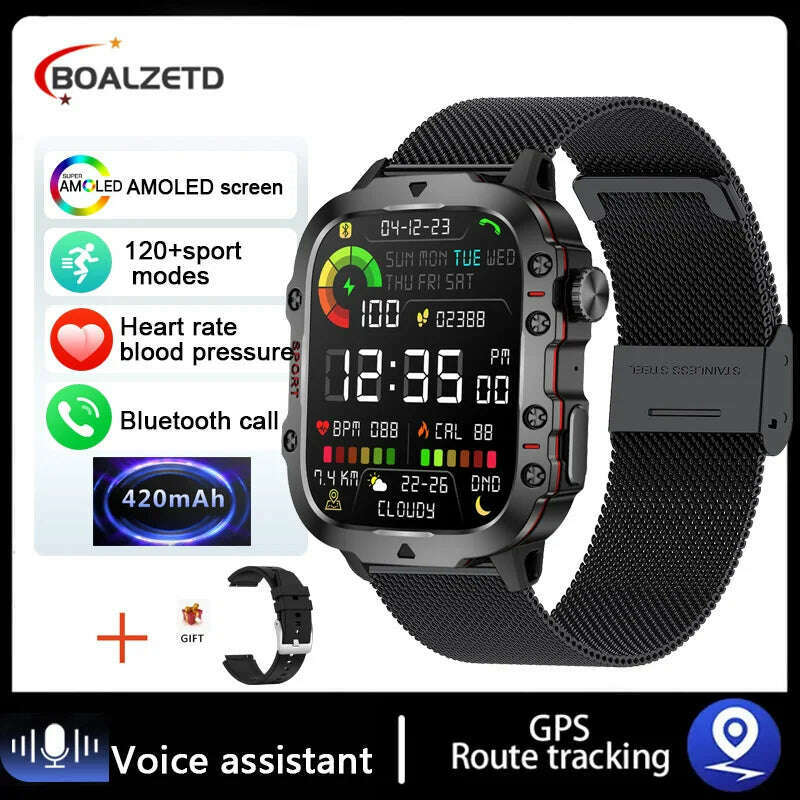 KIMLUD, 2024 New Rugged Military GPS Smart Watch Men AMOLED HD Screen Heart Rate Bluetooth Call Waterproof Outdoor SmartWatch For Xiaomi, Black mesh belt / Outdoor Sports Watch, KIMLUD Womens Clothes
