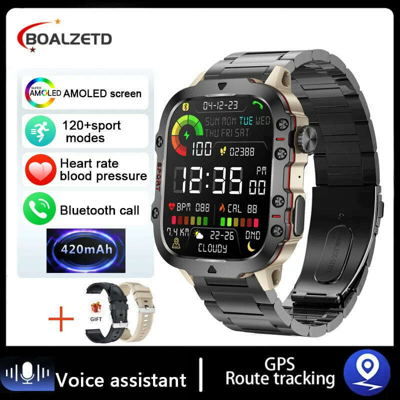 KIMLUD, 2024 New Rugged Military GPS Smart Watch Men AMOLED HD Screen Heart Rate Bluetooth Call Waterproof Outdoor SmartWatch For Xiaomi, steel strip black1 / Outdoor Sports Watch, KIMLUD Womens Clothes