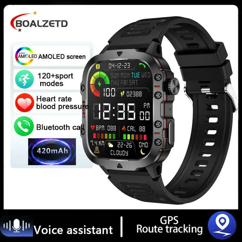 KIMLUD, 2024 New Rugged Military GPS Smart Watch Men AMOLED HD Screen Heart Rate Bluetooth Call Waterproof Outdoor SmartWatch For Xiaomi, Silicone black / Outdoor Sports Watch, KIMLUD Womens Clothes