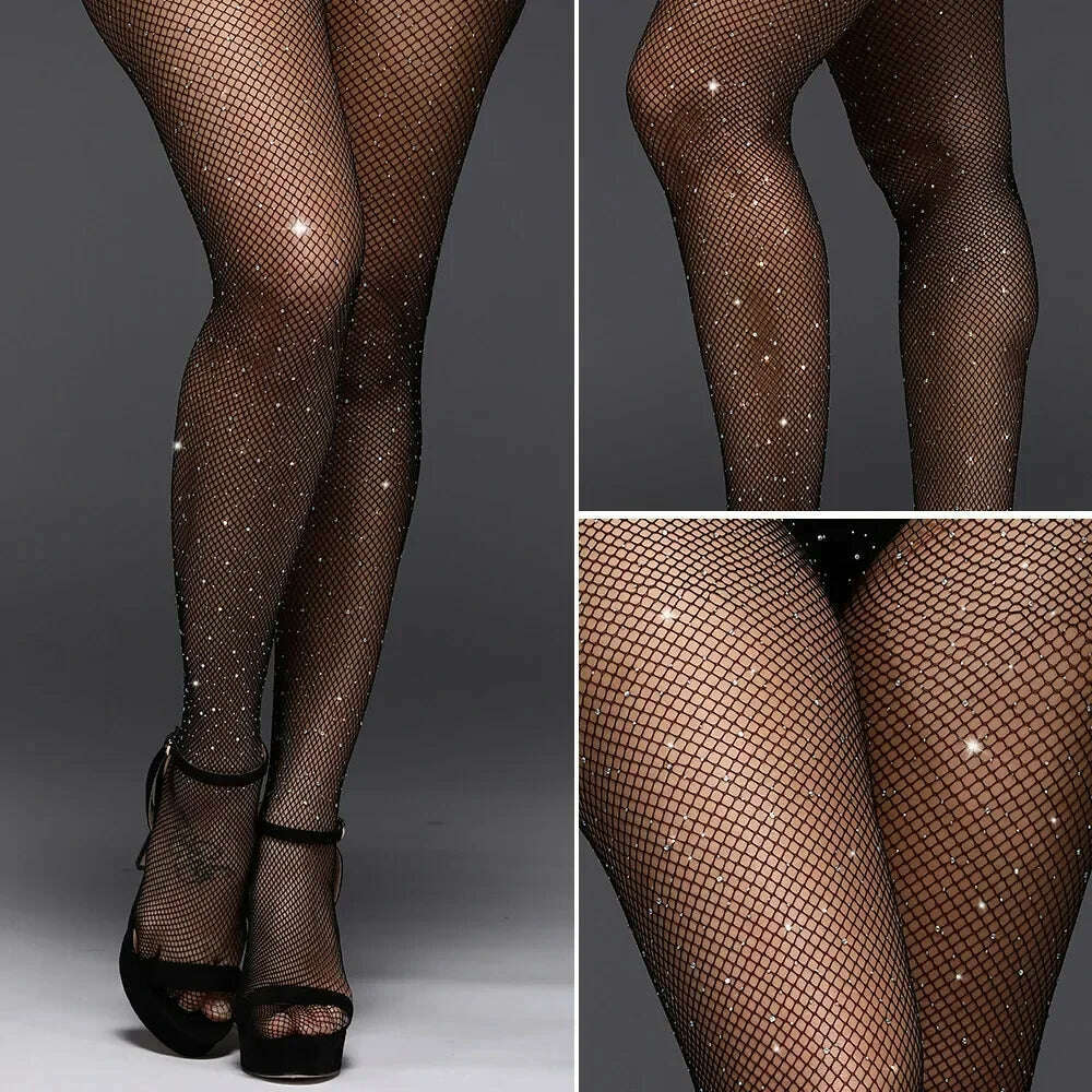 KIMLUD, 2024 New Sexy Hollow Shiny Net Tights Fishnet Pantyhose Summer Women Female Slim White Rhinestone Mesh Thin Nylon Stockings, KIMLUD Womens Clothes
