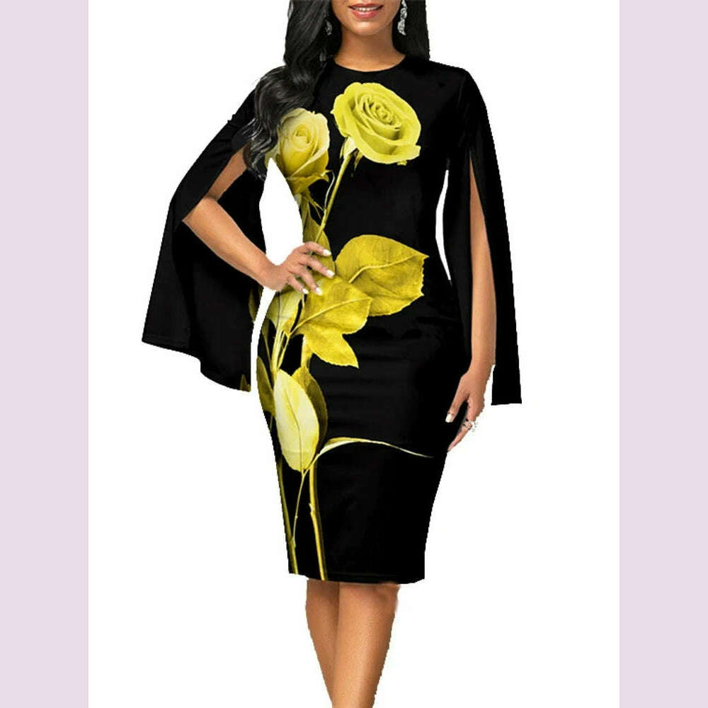 2024 New Sexy Split Fork Long Sleeve Slim Work Dresses Vintage Party Dresses For Women Fashion Elegant Print Bodycon Dress - KIMLUD