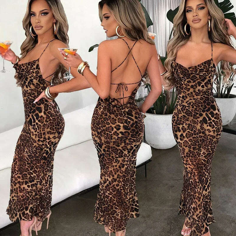 KIMLUD, 2024 New Spring/Summer Leopard Print Sexy Off Back Lace Up Slim Fit Mid Length Dress For Women's Fashion, KIMLUD Womens Clothes