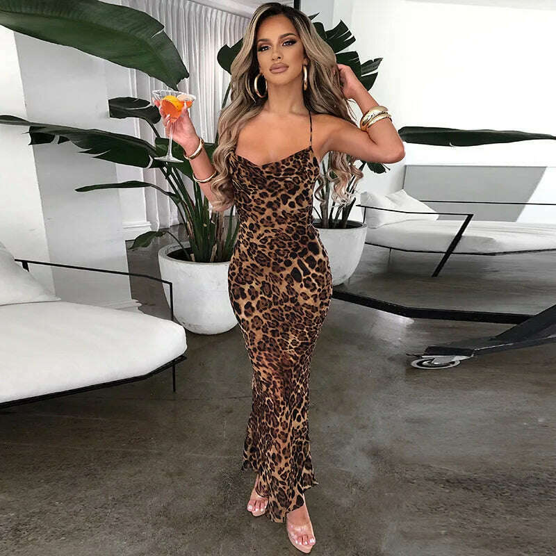 KIMLUD, 2024 New Spring/Summer Leopard Print Sexy Off Back Lace Up Slim Fit Mid Length Dress For Women's Fashion, KIMLUD Womens Clothes