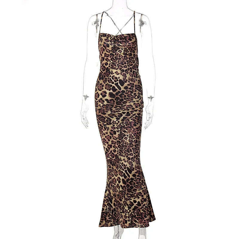 KIMLUD, 2024 New Spring/Summer Leopard Print Sexy Off Back Lace Up Slim Fit Mid Length Dress For Women's Fashion, Leopard print / M, KIMLUD Womens Clothes