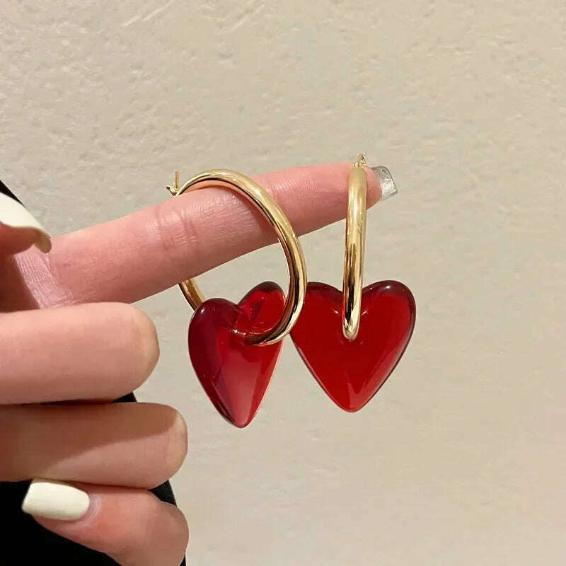 KIMLUD, 2024 new Vintage Hyperbole Red Heart-shaped Drop Earrings For Women Personality Golden Hoop Earrings Jewelry Accessories, Red Wine, KIMLUD APPAREL - Womens Clothes