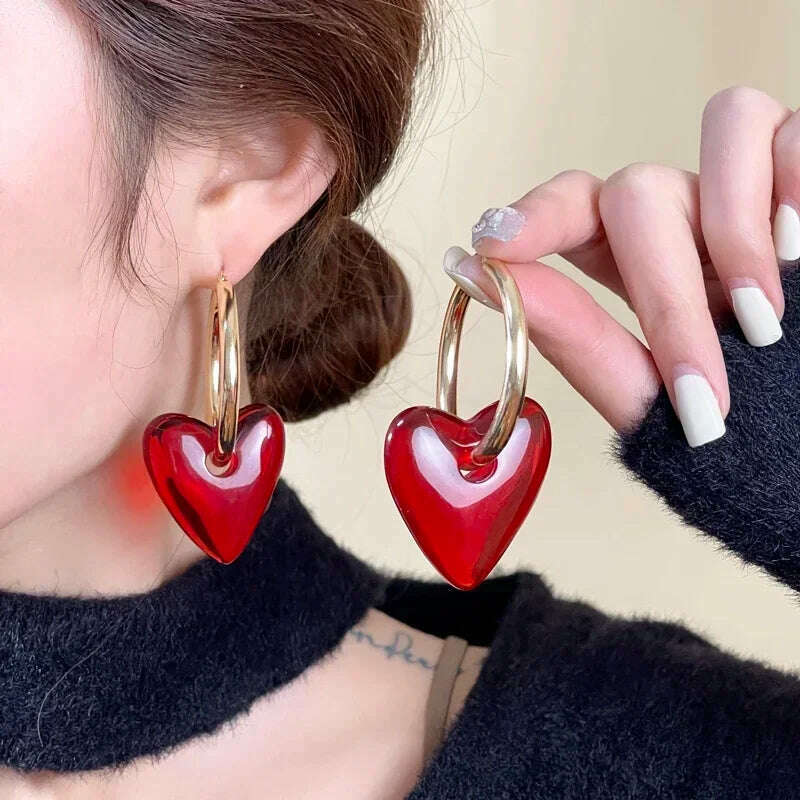 KIMLUD, 2024 new Vintage Hyperbole Red Heart-shaped Drop Earrings For Women Personality Golden Hoop Earrings Jewelry Accessories, KIMLUD Womens Clothes