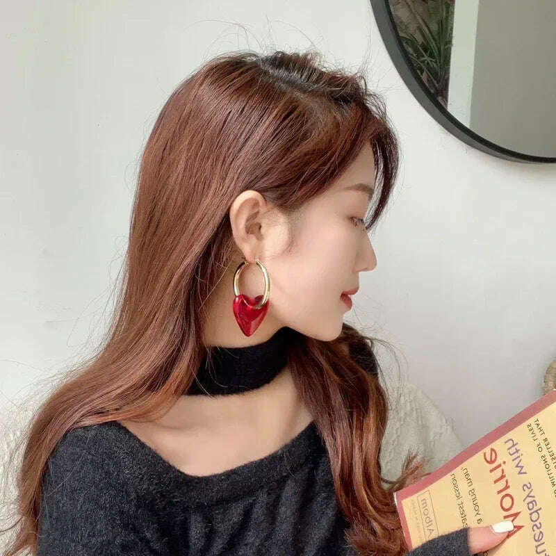 KIMLUD, 2024 new Vintage Hyperbole Red Heart-shaped Drop Earrings For Women Personality Golden Hoop Earrings Jewelry Accessories, KIMLUD Womens Clothes