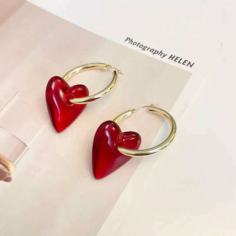 KIMLUD, 2024 new Vintage Hyperbole Red Heart-shaped Drop Earrings For Women Personality Golden Hoop Earrings Jewelry Accessories, KIMLUD Womens Clothes