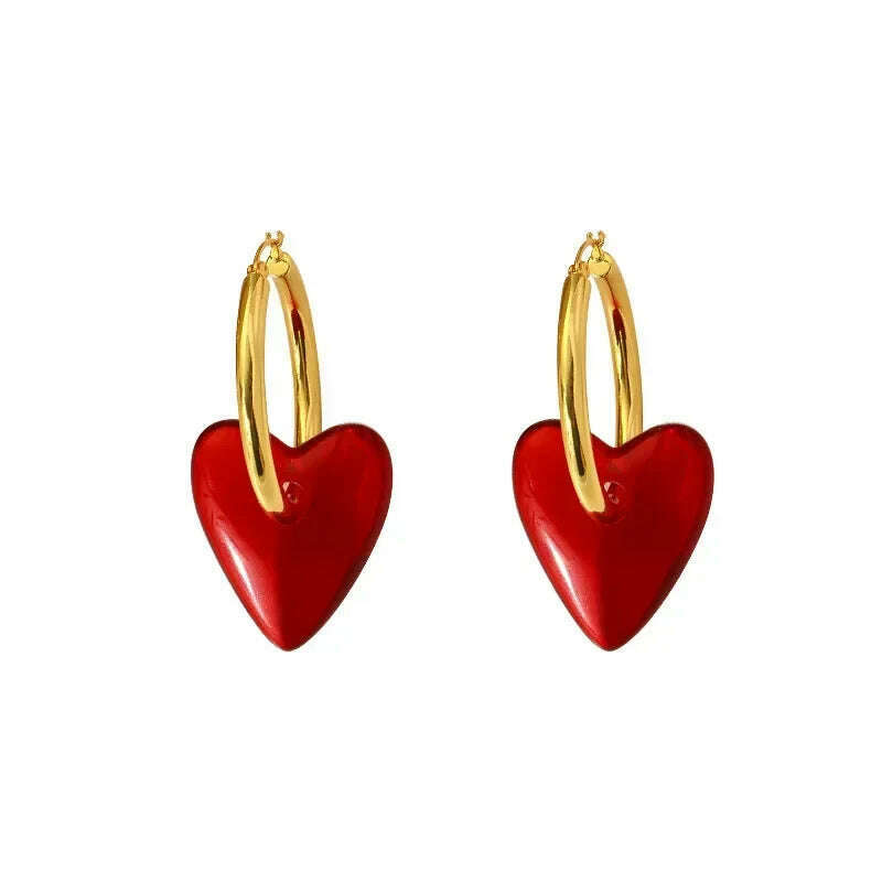 KIMLUD, 2024 new Vintage Hyperbole Red Heart-shaped Drop Earrings For Women Personality Golden Hoop Earrings Jewelry Accessories, KIMLUD Womens Clothes
