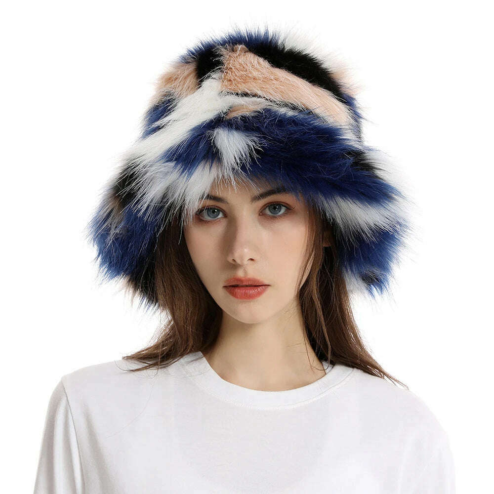 2024 New Winter Warm Faux Fur Bucket Hats For Women Outdoor Caps Soft Fleece Fisherman Cap Fluffy Earwarmer Ski Vacation Hats - KIMLUD