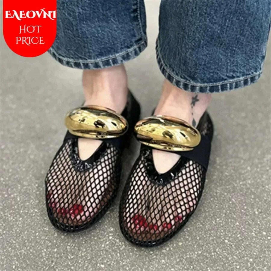 KIMLUD, 2024 New Women Ballet Flats Hollow Out Mesh Walking Loafers Ladies Mary Janes Round Toe Dance Shoes Espadrilles Summer Sandals, KIMLUD Womens Clothes