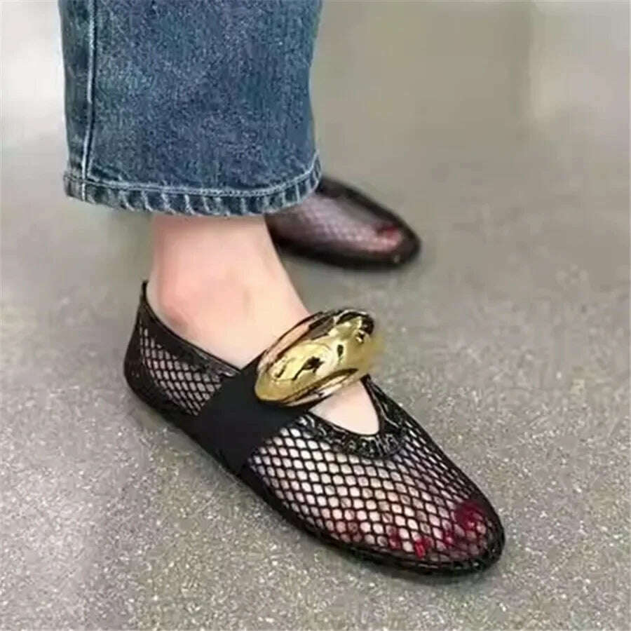 KIMLUD, 2024 New Women Ballet Flats Hollow Out Mesh Walking Loafers Ladies Mary Janes Round Toe Dance Shoes Espadrilles Summer Sandals, KIMLUD Womens Clothes