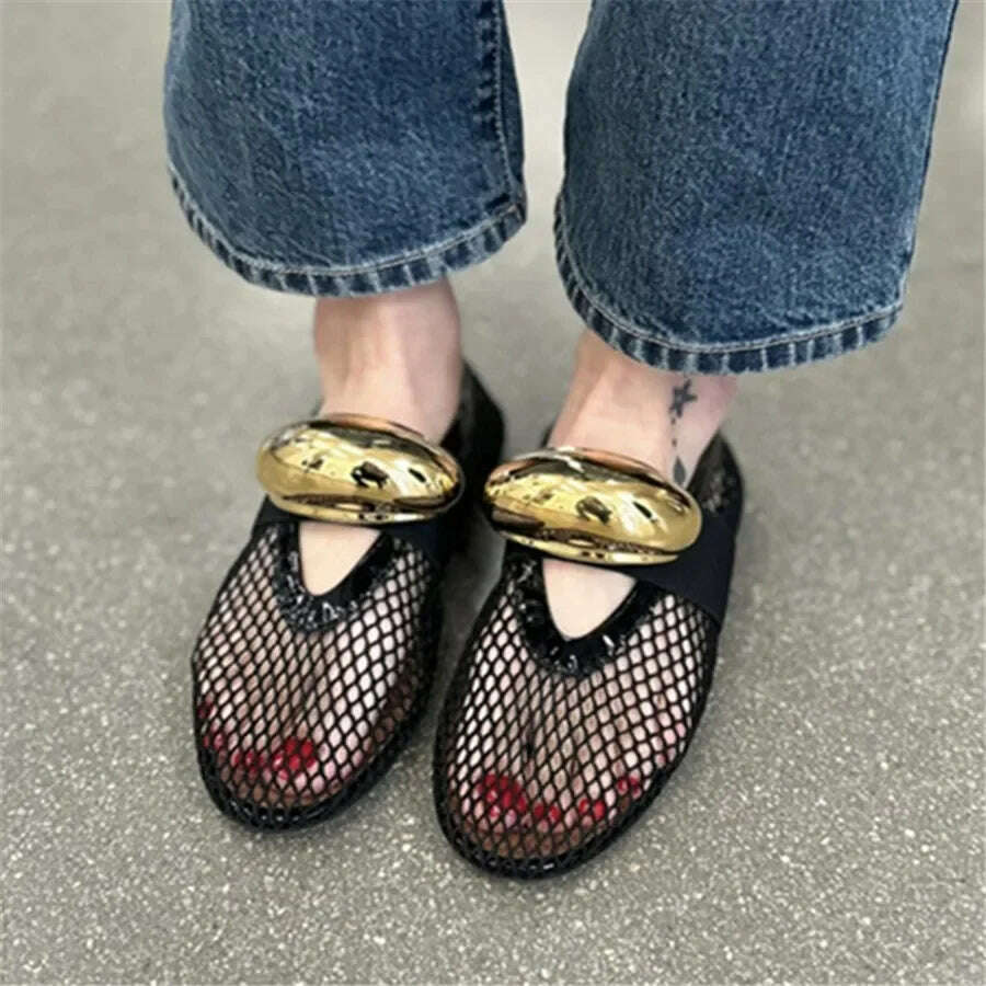 KIMLUD, 2024 New Women Ballet Flats Hollow Out Mesh Walking Loafers Ladies Mary Janes Round Toe Dance Shoes Espadrilles Summer Sandals, Black Mesh (Brooch) / 41, KIMLUD APPAREL - Womens Clothes