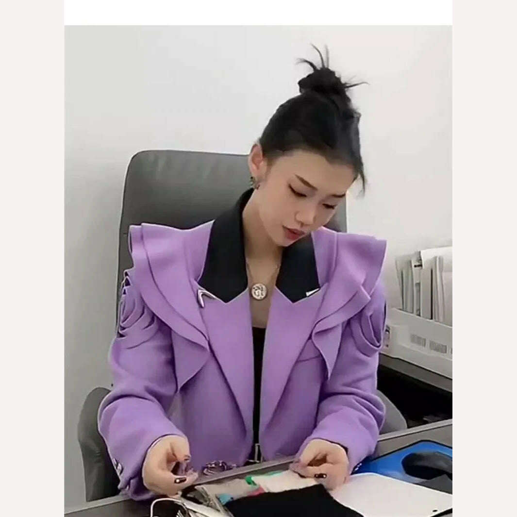 KIMLUD, 2024 New Women Blazers Fashion 3D flower decoration purple Blazer Elegant ladies notched collar Long Sleeve Suit Coat Y4831, KIMLUD Womens Clothes