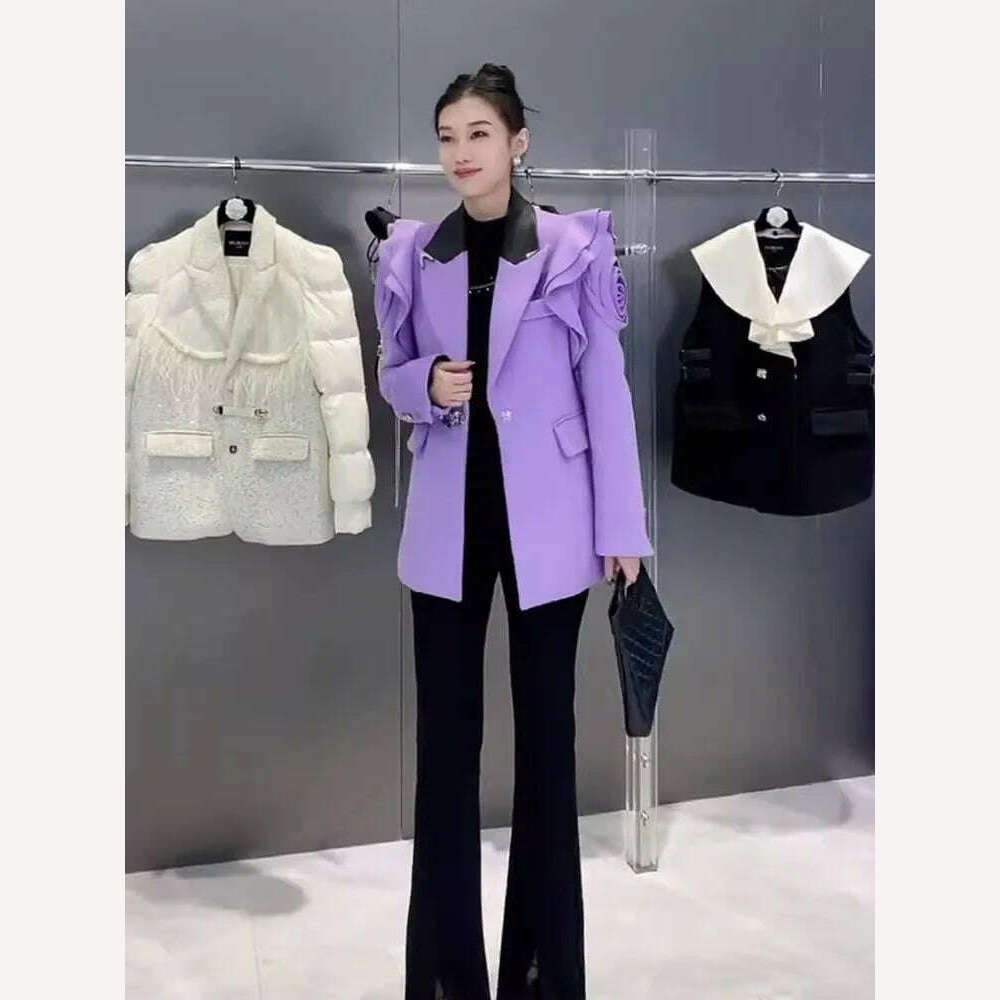 KIMLUD, 2024 New Women Blazers Fashion 3D flower decoration purple Blazer Elegant ladies notched collar Long Sleeve Suit Coat Y4831, KIMLUD Womens Clothes