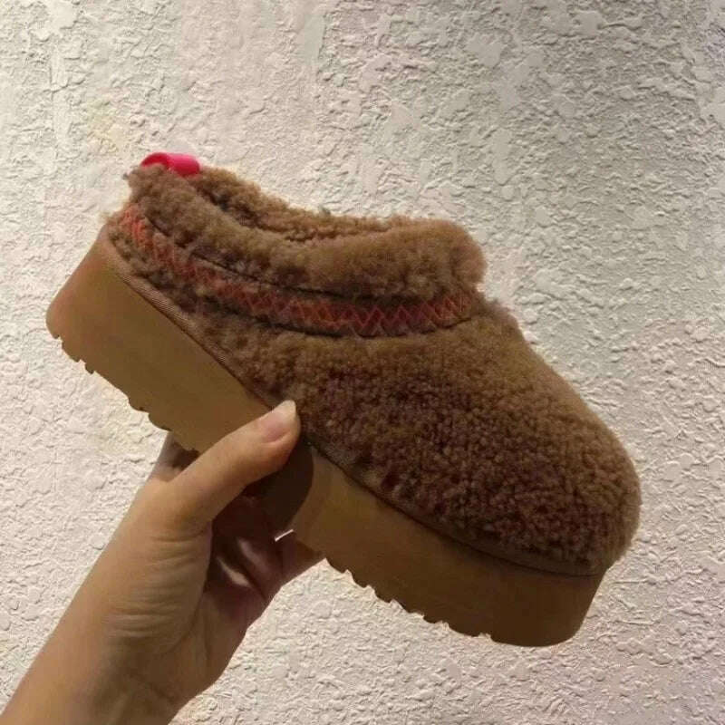 2024 New Women Fur Slippers Ankle Boots Flats Platform Short Plush Warm Flip Flops Cotton Shoes Designer Brand Winter Snow Botas - KIMLUD