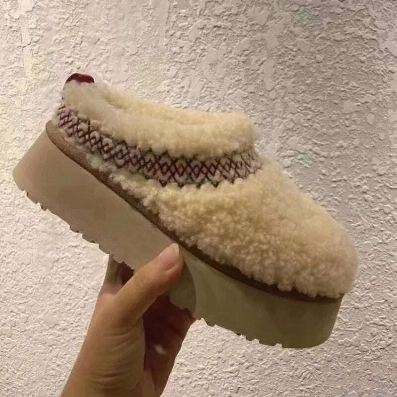 2024 New Women Fur Slippers Ankle Boots Flats Platform Short Plush Warm Flip Flops Cotton Shoes Designer Brand Winter Snow Botas - KIMLUD