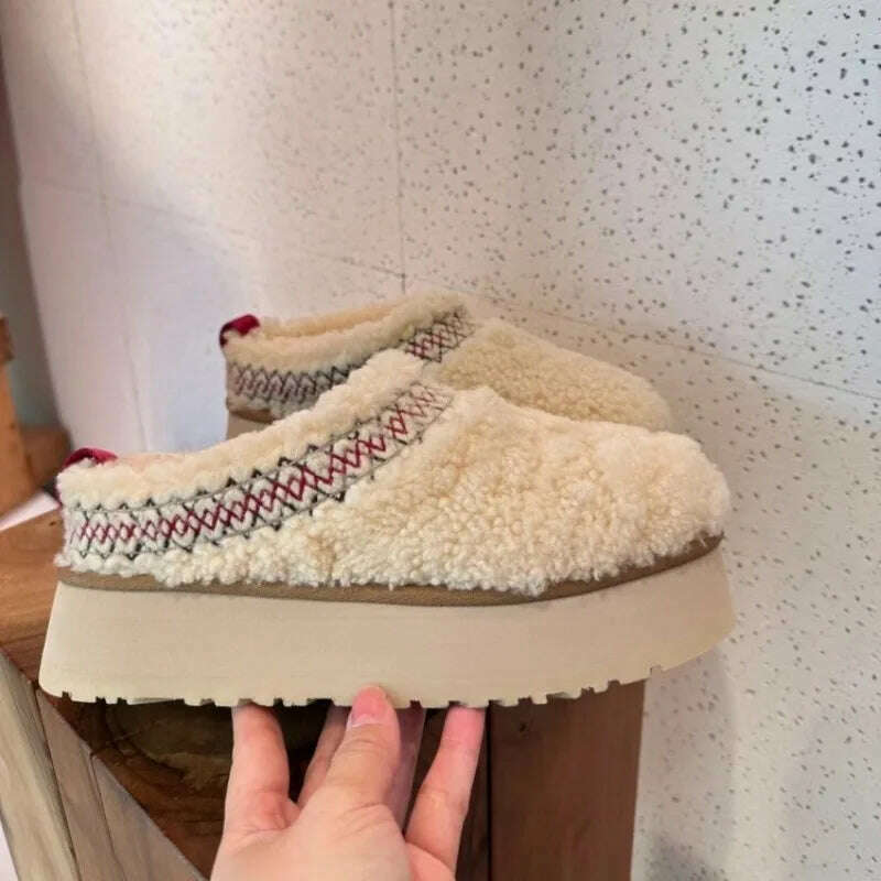 2024 New Women Fur Slippers Ankle Boots Flats Platform Short Plush Warm Flip Flops Cotton Shoes Designer Brand Winter Snow Botas - KIMLUD