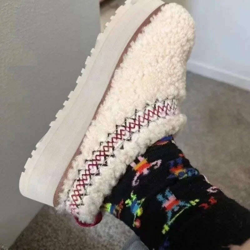 2024 New Women Fur Slippers Ankle Boots Flats Platform Short Plush Warm Flip Flops Cotton Shoes Designer Brand Winter Snow Botas - KIMLUD