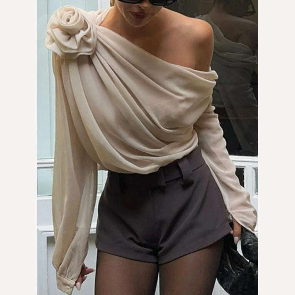 KIMLUD, 2024 New Women's Blouse Sexy Sker Collar Long Sleeve Ladies Office Blouse and Shirts Female Tops Elegant 3D Flower Shirts, KIMLUD Womens Clothes
